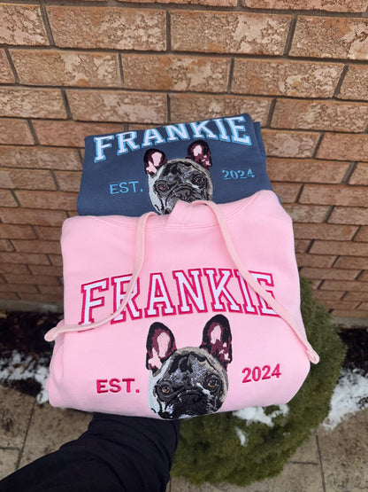 Custom Embroidered Dog Portrait Hoodie – Personalized Pet Sweatshirt Keepsake