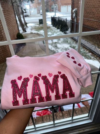 Custom Glitter MAMA Sweatshirt & Hoodie – Personalized Heart Embroidered Crewneck