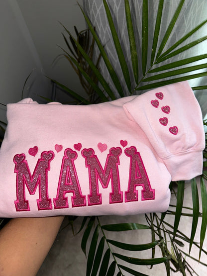 Custom Glitter MAMA Sweatshirt & Hoodie – Personalized Heart Embroidered Crewneck