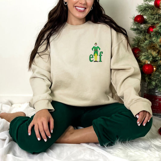 Holiday Elf-Inspired Embroidered Crewneck & Hoodie – Festive Green & Cream Christmas Sweatshirt