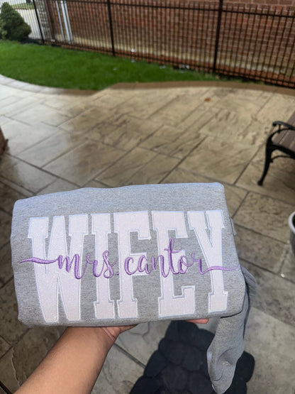 Custom WIFEY Sweatshirt & Hoodie – Personalized Mrs. Name Glitter Embroidered Crewneck (Bridal Gift or Honeymoon Sweatshirt)