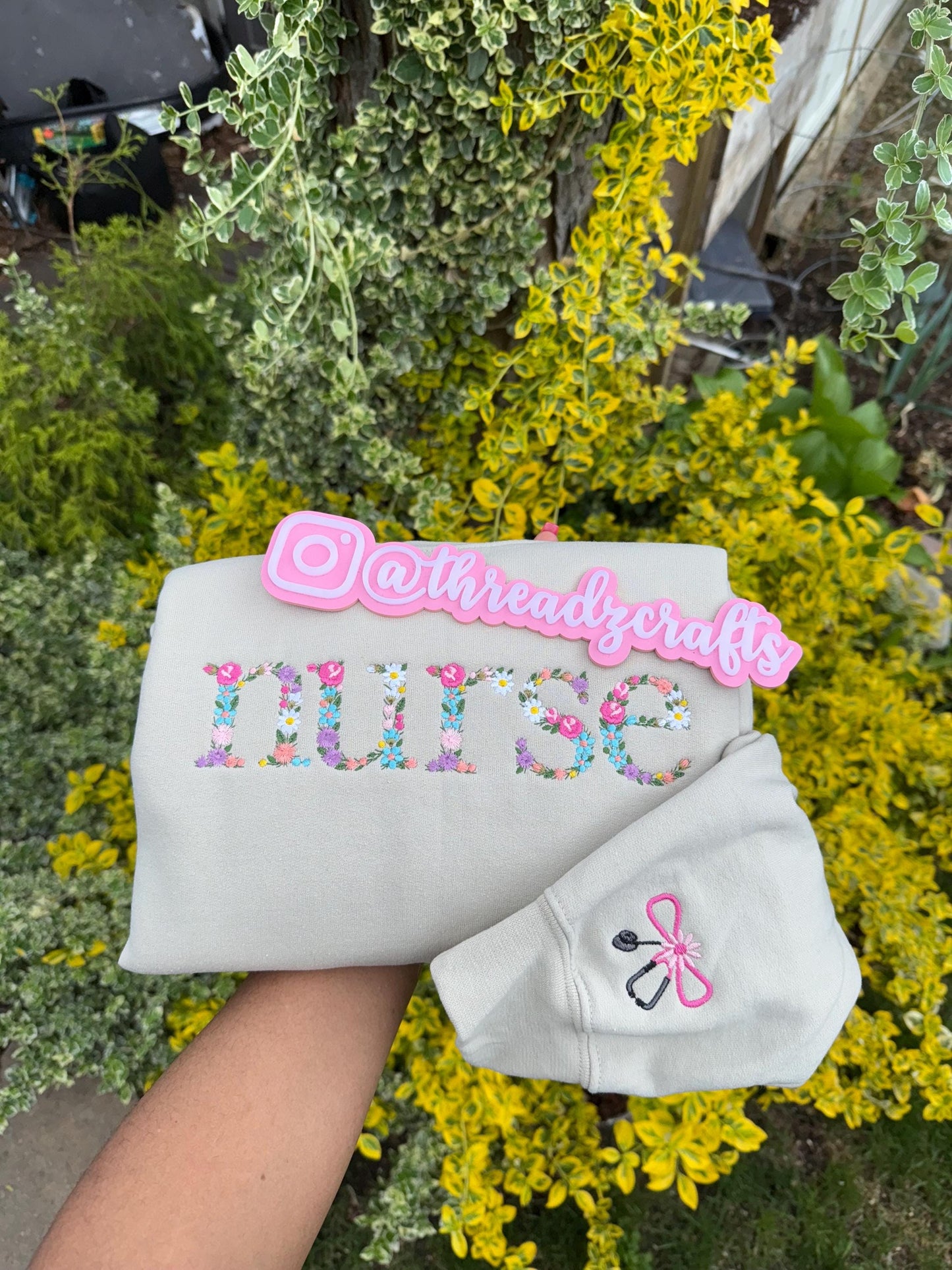 Floral “Nurse” Embroidered Crewneck and Hoodie