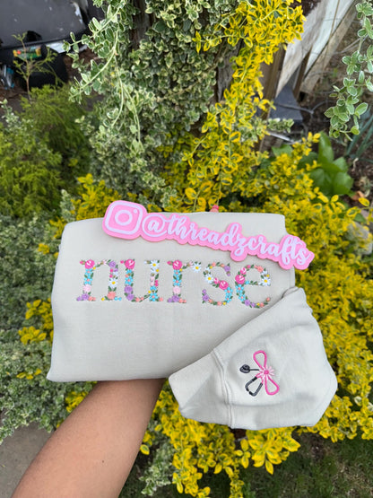 Floral “Nurse” Embroidered Crewneck and Hoodie