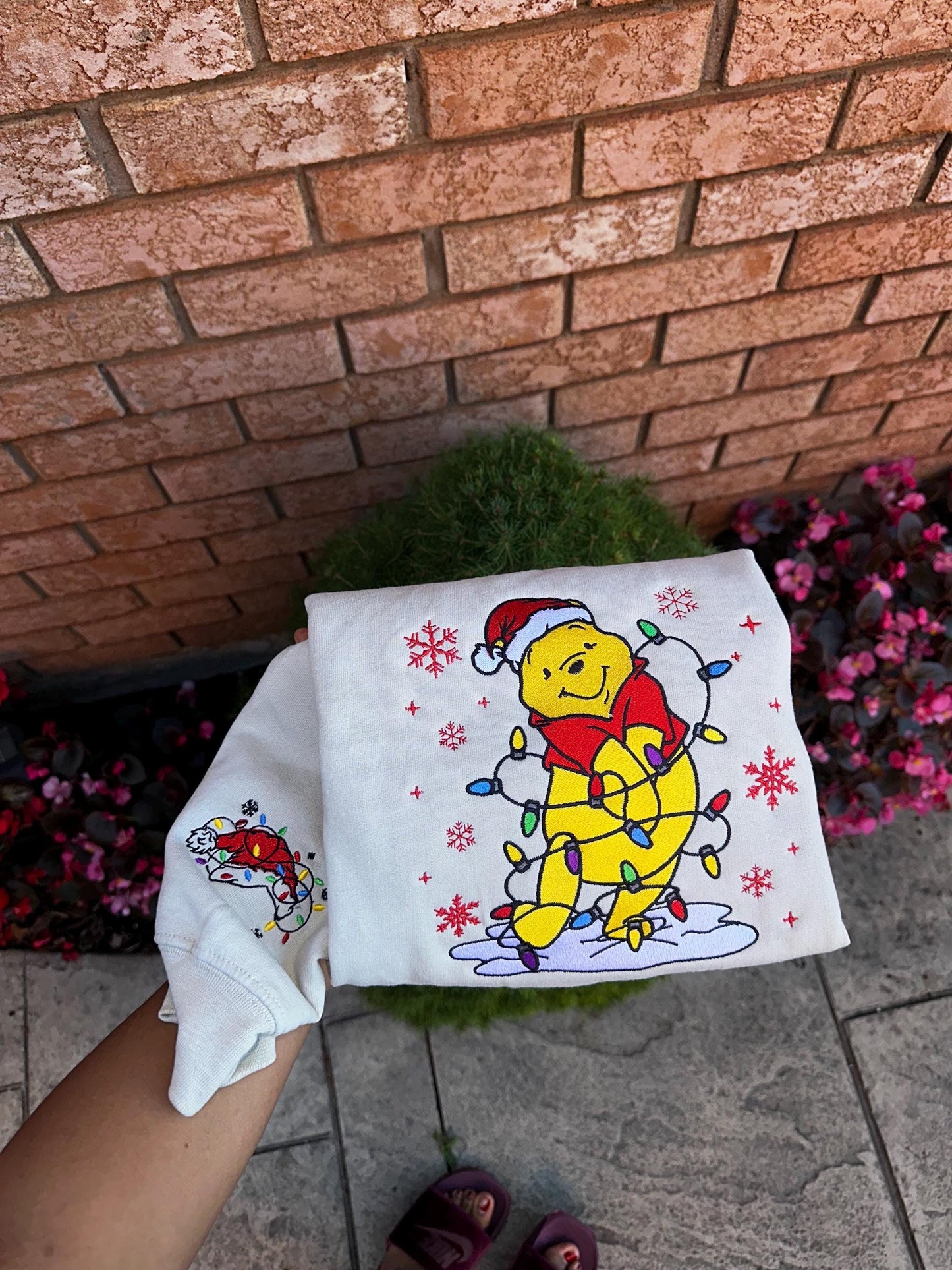 Cozy Bear Christmas Embroidered Crewneck & Hoodie – Holiday Lights Winter Sweatshirt