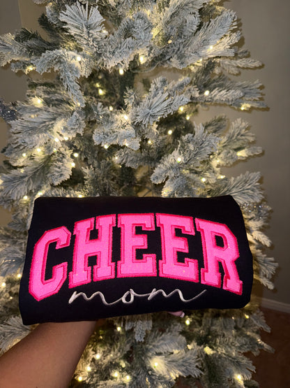 Custom CHEER MOM Sweatshirt & Hoodie – Personalized Glitter Embroidered Crewneck with Sleeve Name & Bow (Team Spirit Gift)
