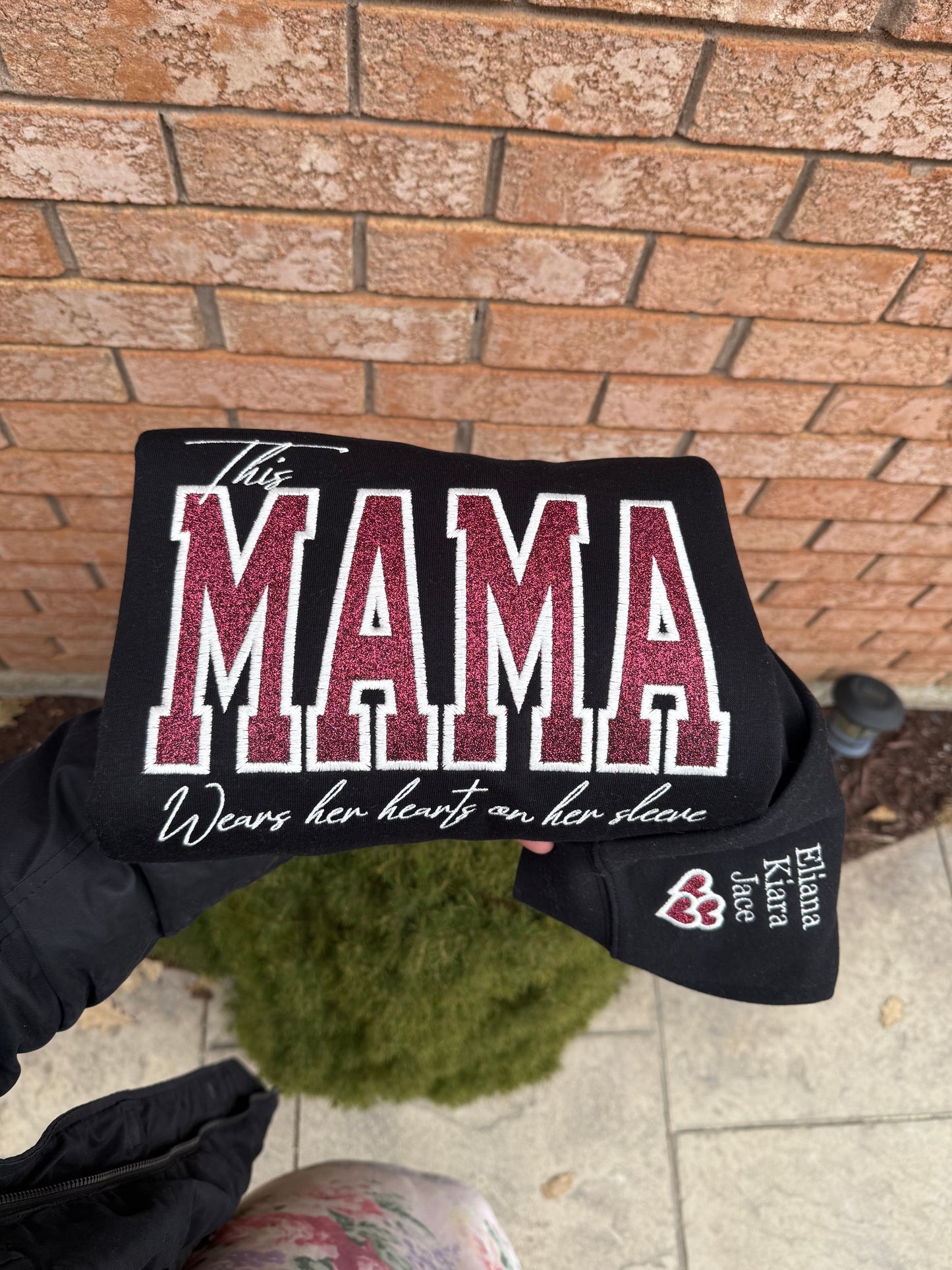 This MAMA Embroidered Sweatshirt – Custom Sleeve Names | Heart on Her Sleeve Glitter