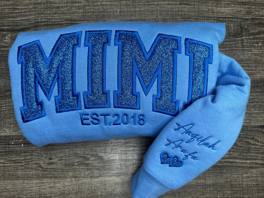 Custom Glitter MIMI Sweatshirt & Hoodie – Personalized Glitter Embroidered Crewneck (Grandma Gift, EST Year Option)
