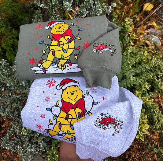 Cozy Bear Christmas Embroidered Crewneck & Hoodie – Holiday Lights Winter Sweatshirt