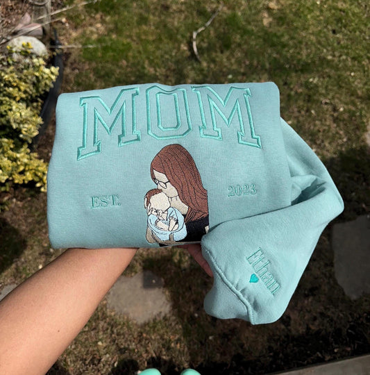 Custom MOM EST. 2023 Embroidered Sweatshirt – Personalized Motherhood Sweater with Photo Design, New Mom Gift, Matching Family Keepsake, Embroidered Hoodie Option