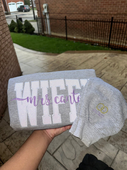 Custom WIFEY Sweatshirt & Hoodie – Personalized Mrs. Name Glitter Embroidered Crewneck (Bridal Gift or Honeymoon Sweatshirt)