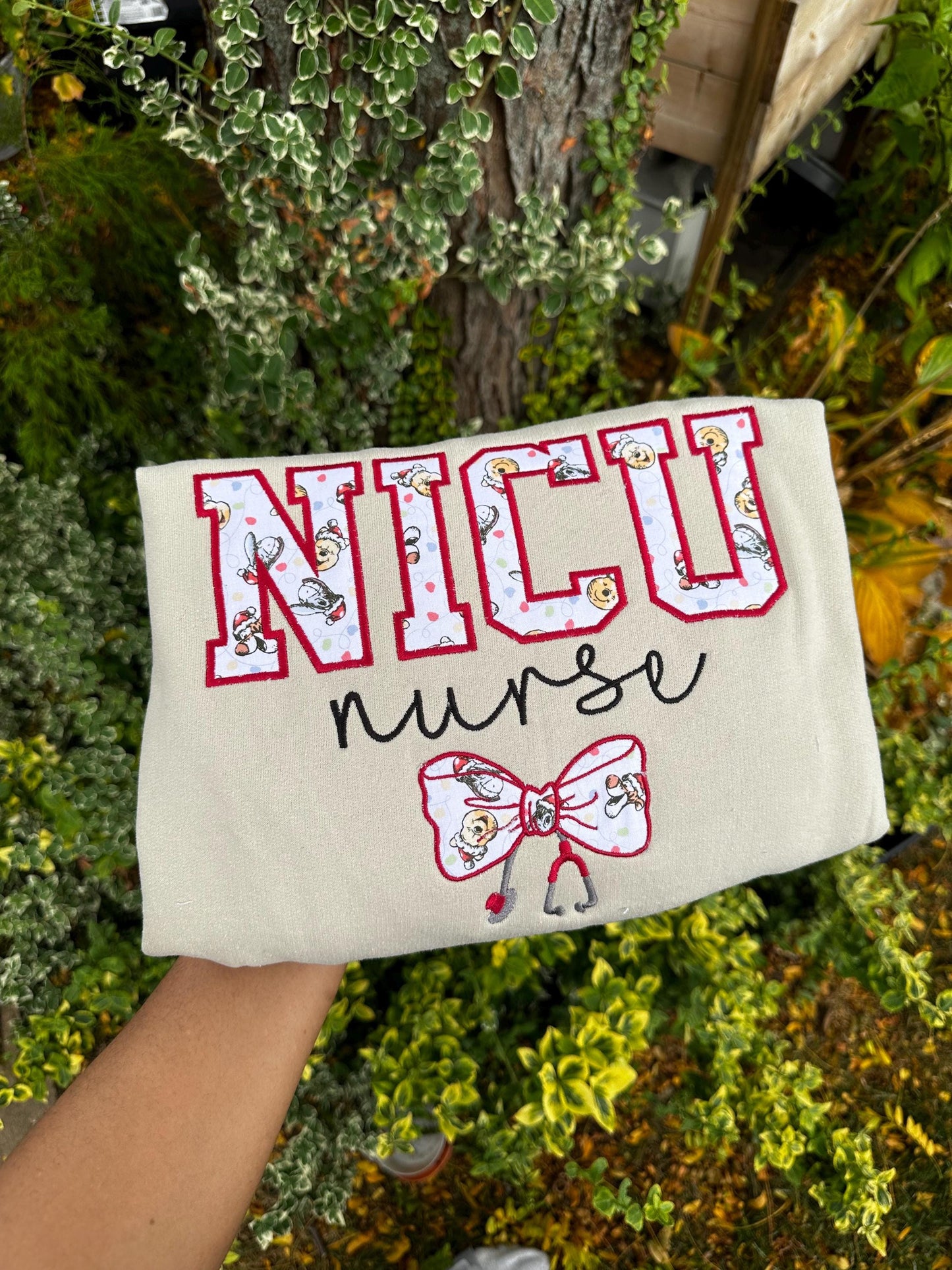 NICU Nurse Embroidered Crewneck – Bow & Stethoscope Neonatal Nurse Sweater