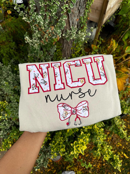 NICU Nurse Embroidered Crewneck – Bow & Stethoscope Neonatal Nurse Sweater