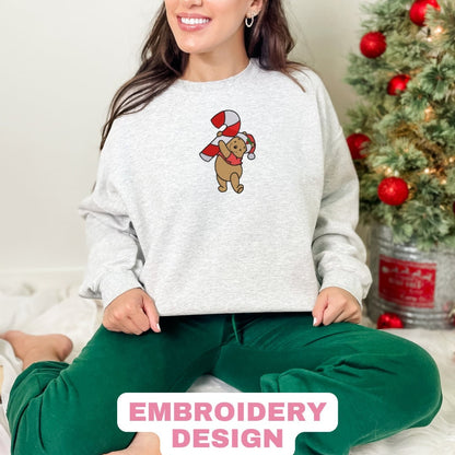 Candy Cane Bear Embroidered Crewneck & Hoodie – Cozy Christmas Sweatshirt