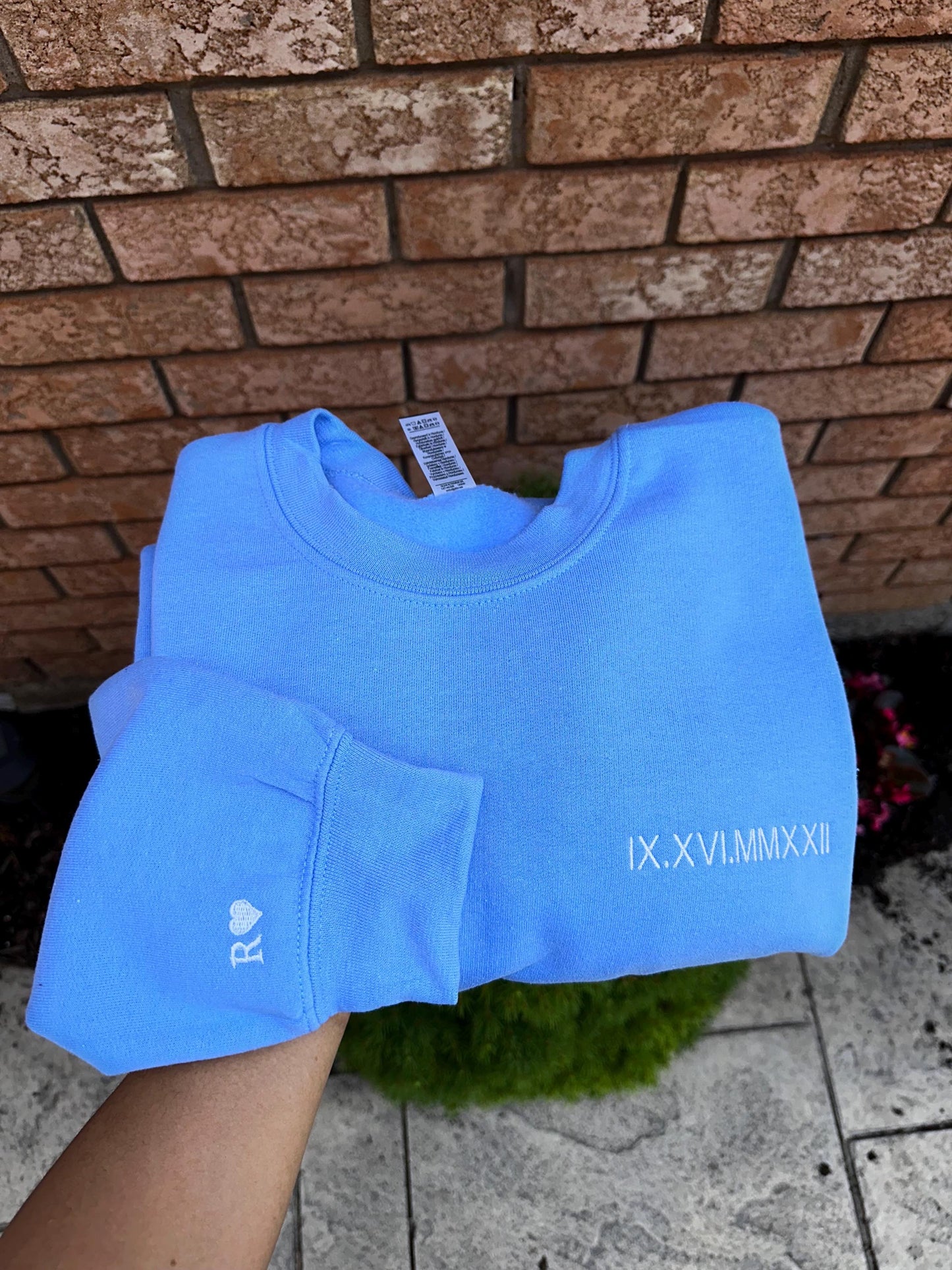 Custom Roman Numeral Embroidered Sweatshirt – Left Chest & Sleeve Personalization