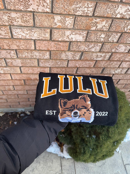 Custom Embroidered Dog Portrait Hoodie – Personalized Pet Sweatshirt Keepsake