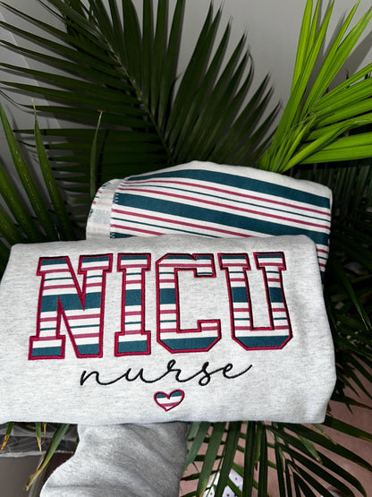 NICU Nurse Striped Embroidered Sweatshirt | Custom Varsity NICU Crewneck | Nurse Appreciation Gift