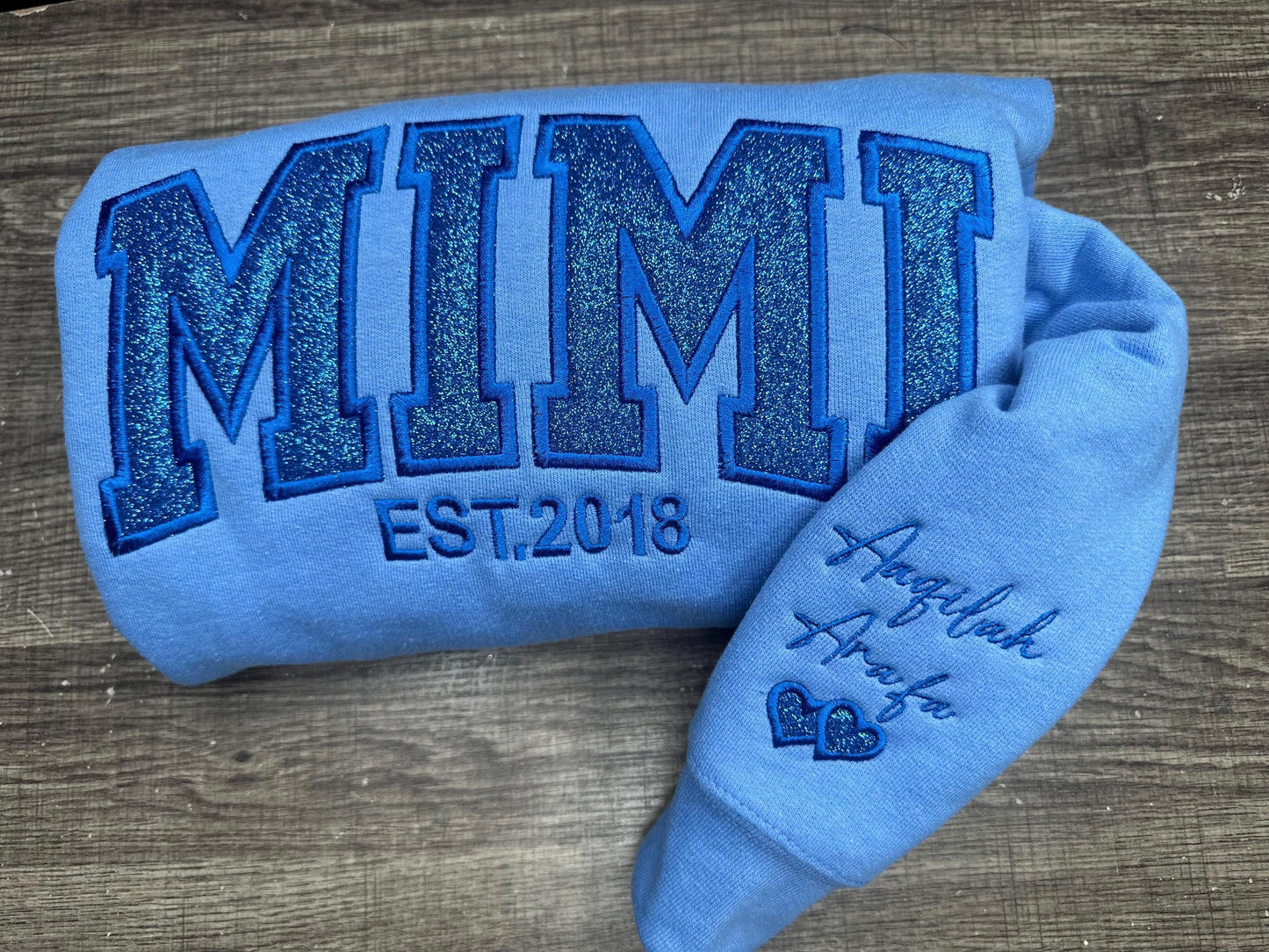 Custom Glitter MIMI Sweatshirt & Hoodie – Personalized Glitter Embroidered Crewneck (Grandma Gift, EST Year Option)
