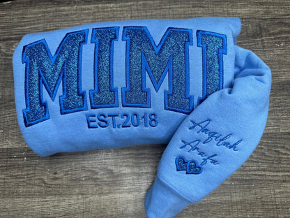 Custom Glitter MIMI Sweatshirt & Hoodie – Personalized Glitter Embroidered Crewneck (Grandma Gift, EST Year Option)