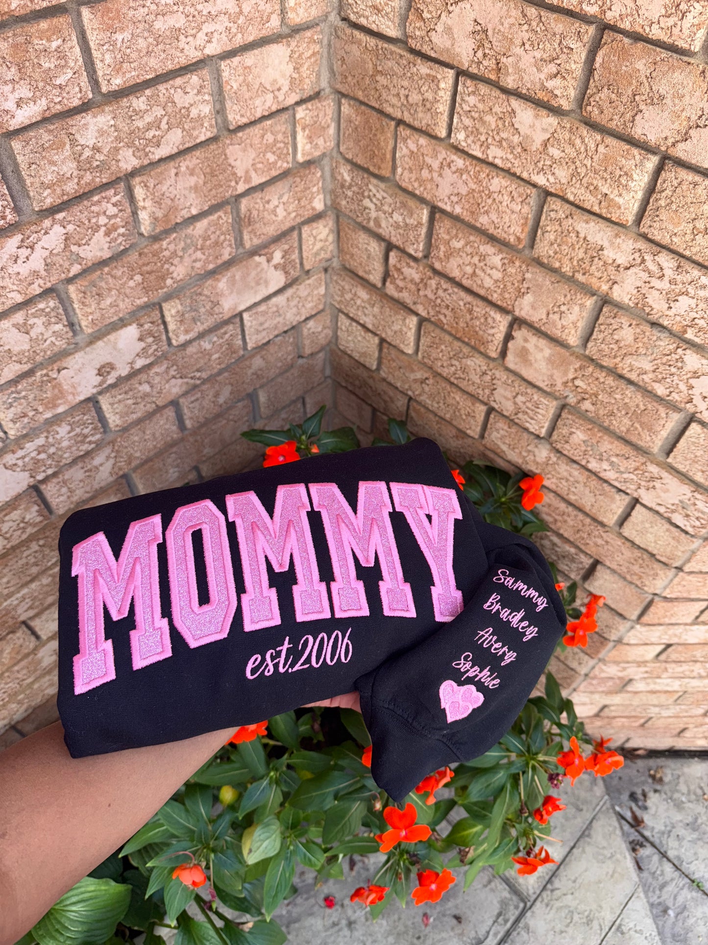 Custom Mommy Sweatshirt & Hoodie – Personalized EST Year Embroidered Glitter Crewneck