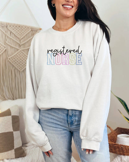Pastel “Registered Nurse” Embroidered Crewneck Sweater