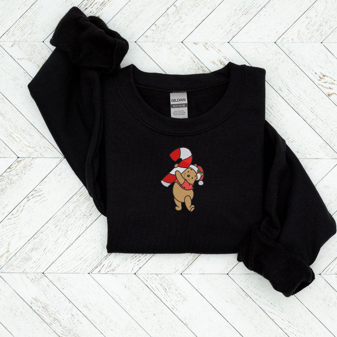 Candy Cane Bear Embroidered Crewneck & Hoodie – Cozy Christmas Sweatshirt