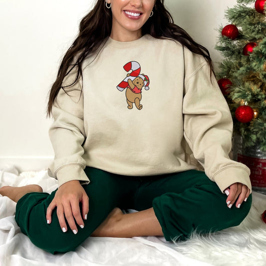 Candy Cane Bear Embroidered Crewneck & Hoodie – Cozy Christmas Sweatshirt