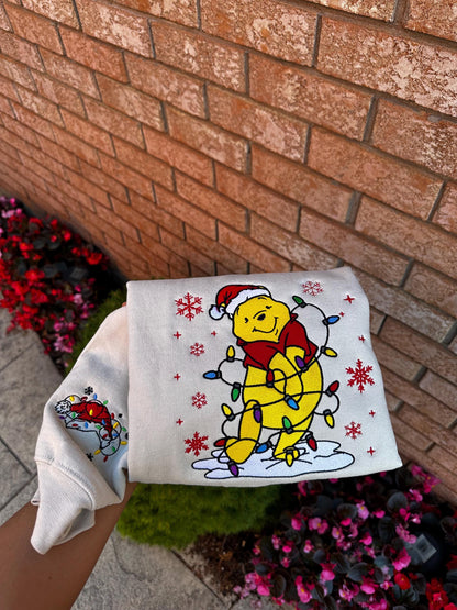 Cozy Bear Christmas Embroidered Crewneck & Hoodie – Holiday Lights Winter Sweatshirt