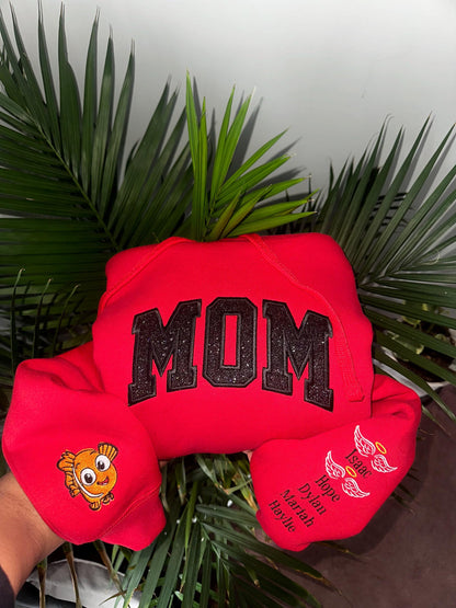 Custom Glitter MOM Sweatshirt & Hoodie – Personalized Embroidered Crewneck with Kids’ Names on Sleeve