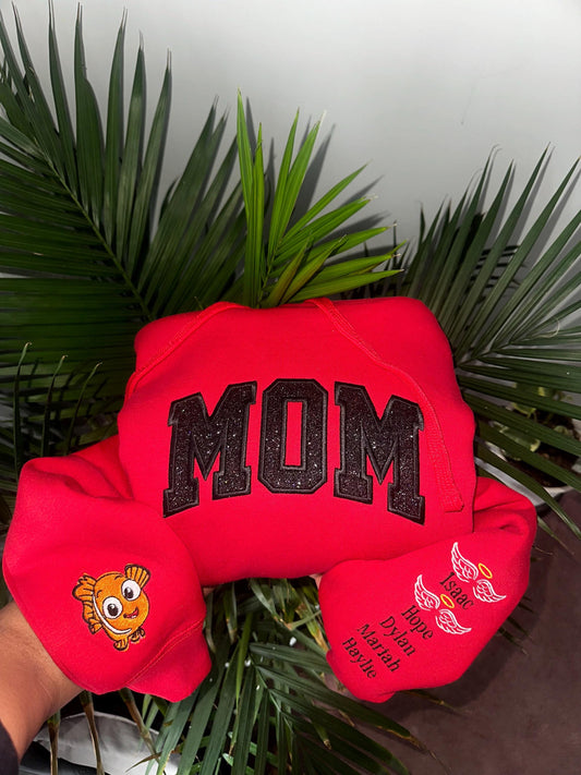 Custom Glitter MOM Sweatshirt & Hoodie – Personalized Embroidered Crewneck with Kids’ Names on Sleeve