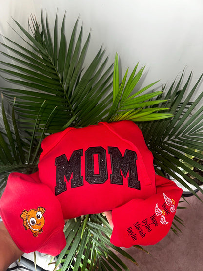 Custom Glitter MOM Sweatshirt & Hoodie – Personalized Embroidered Crewneck with Kids’ Names on Sleeve