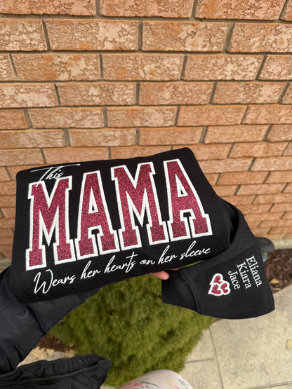 This MAMA Embroidered Sweatshirt – Custom Sleeve Names | Heart on Her Sleeve Glitter