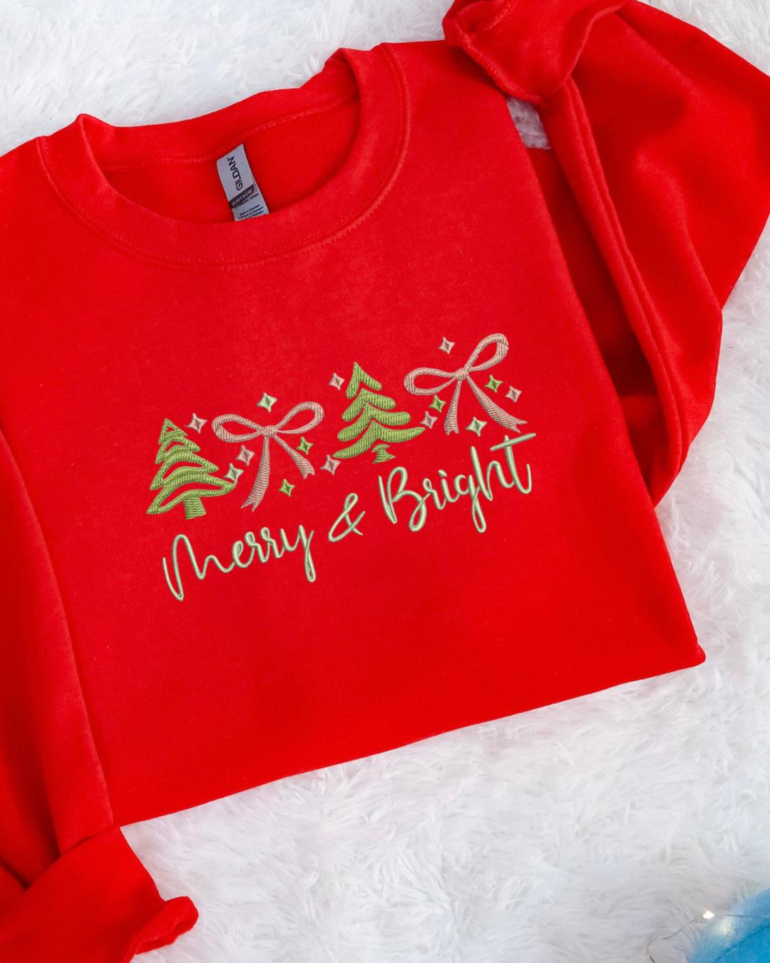 Merry & Bright Embroidered Crewneck & Hoodie – Minimal Christmas Holiday Sweatshirt