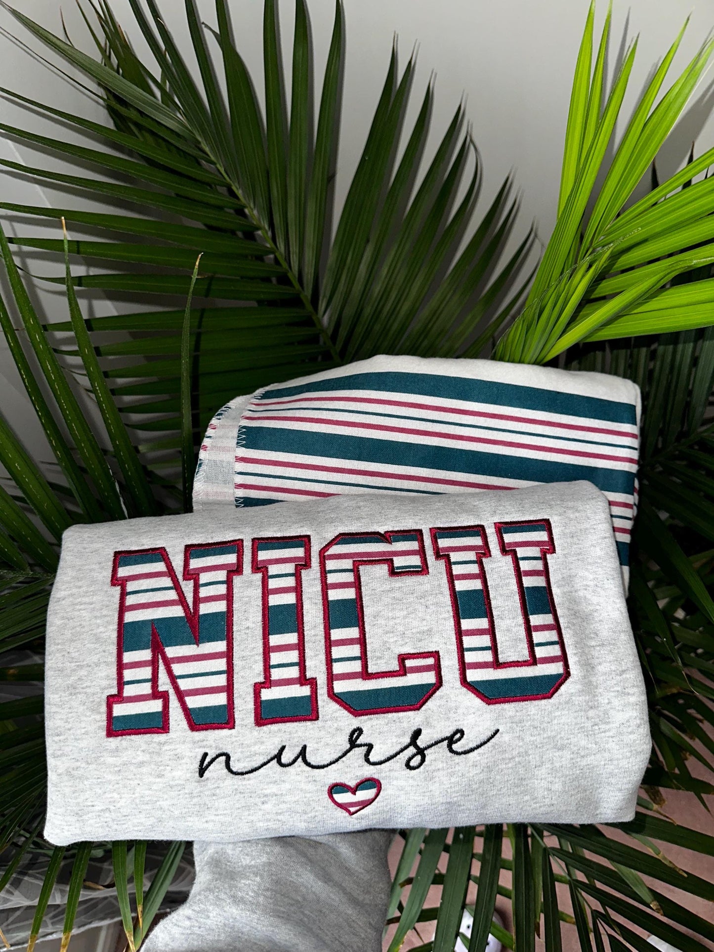 NICU Nurse Striped Embroidered Sweatshirt | Custom Varsity NICU Crewneck | Nurse Appreciation Gift