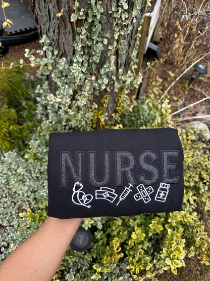 Glitter “NURSE” Embroidered Crewneck with Medical Icons