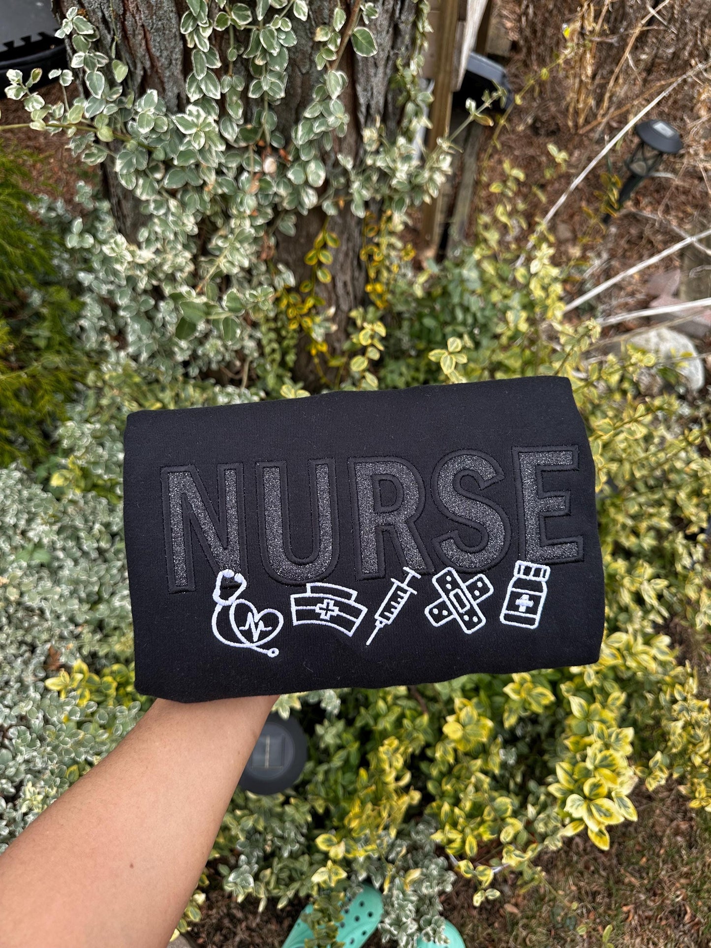 Glitter “NURSE” Embroidered Crewneck with Medical Icons