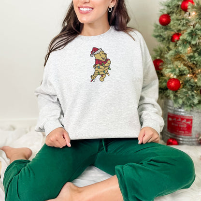 Holiday Bear Embroidered Crewneck & Hoodie – Cozy Christmas Lights Sweatshirt