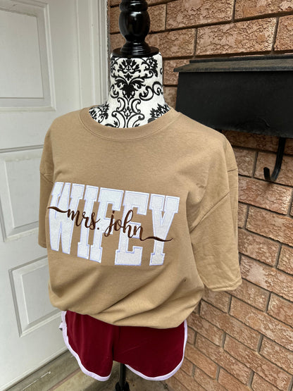 Custom WIFEY Sweatshirt & Hoodie – Personalized Mrs. Name Glitter Embroidered Crewneck (Bridal Gift or Honeymoon Sweatshirt)