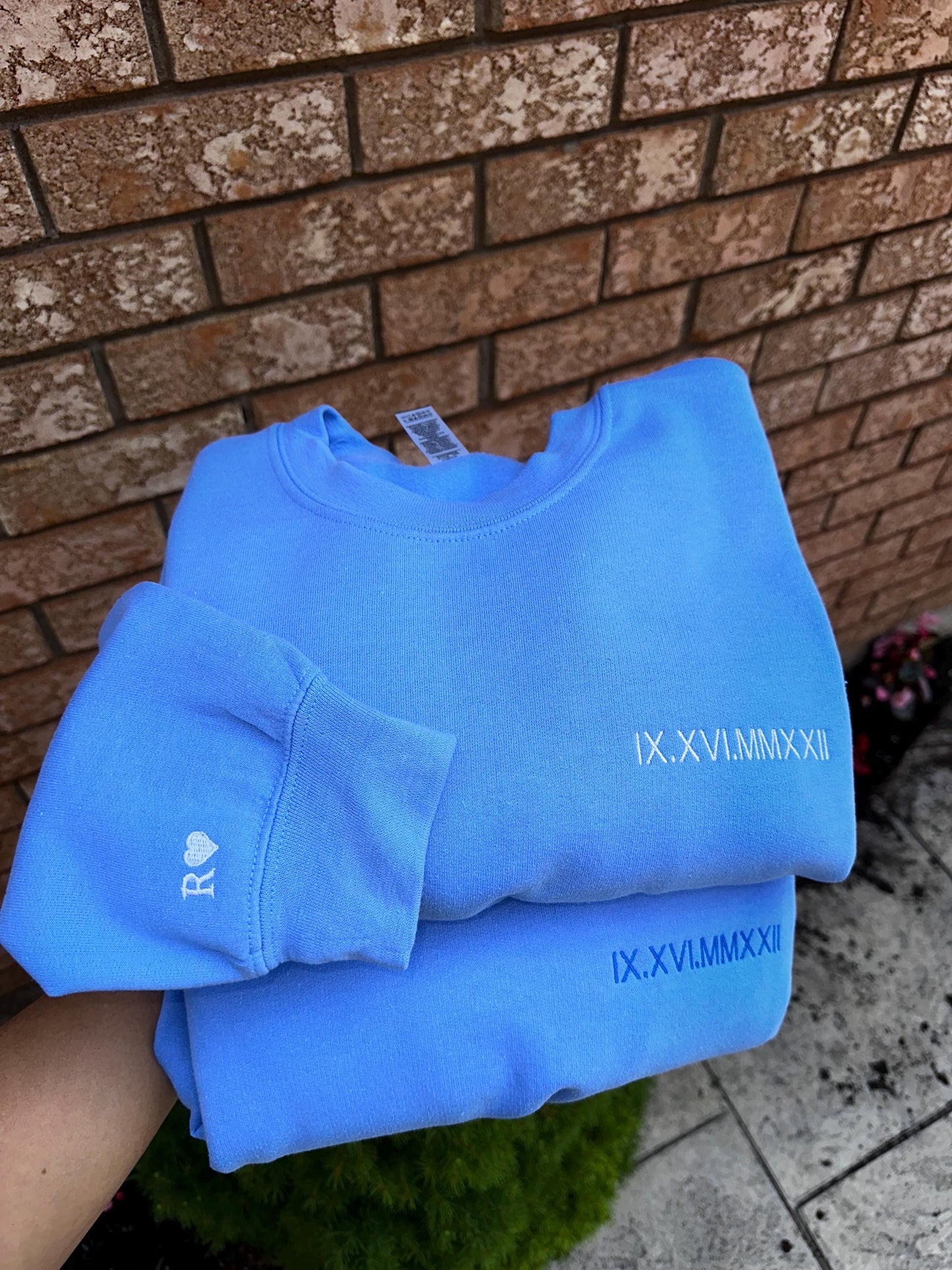 Custom Roman Numeral Embroidered Sweatshirt – Left Chest & Sleeve Personalization