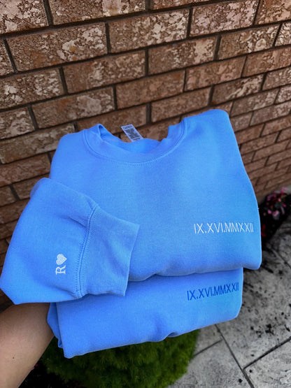 Custom Roman Numeral Embroidered Sweatshirt – Left Chest & Sleeve Personalization