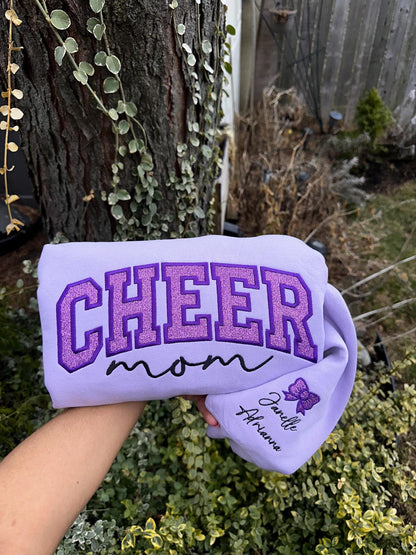 Custom CHEER MOM Sweatshirt & Hoodie – Personalized Glitter Embroidered Crewneck with Sleeve Name & Bow (Team Spirit Gift)