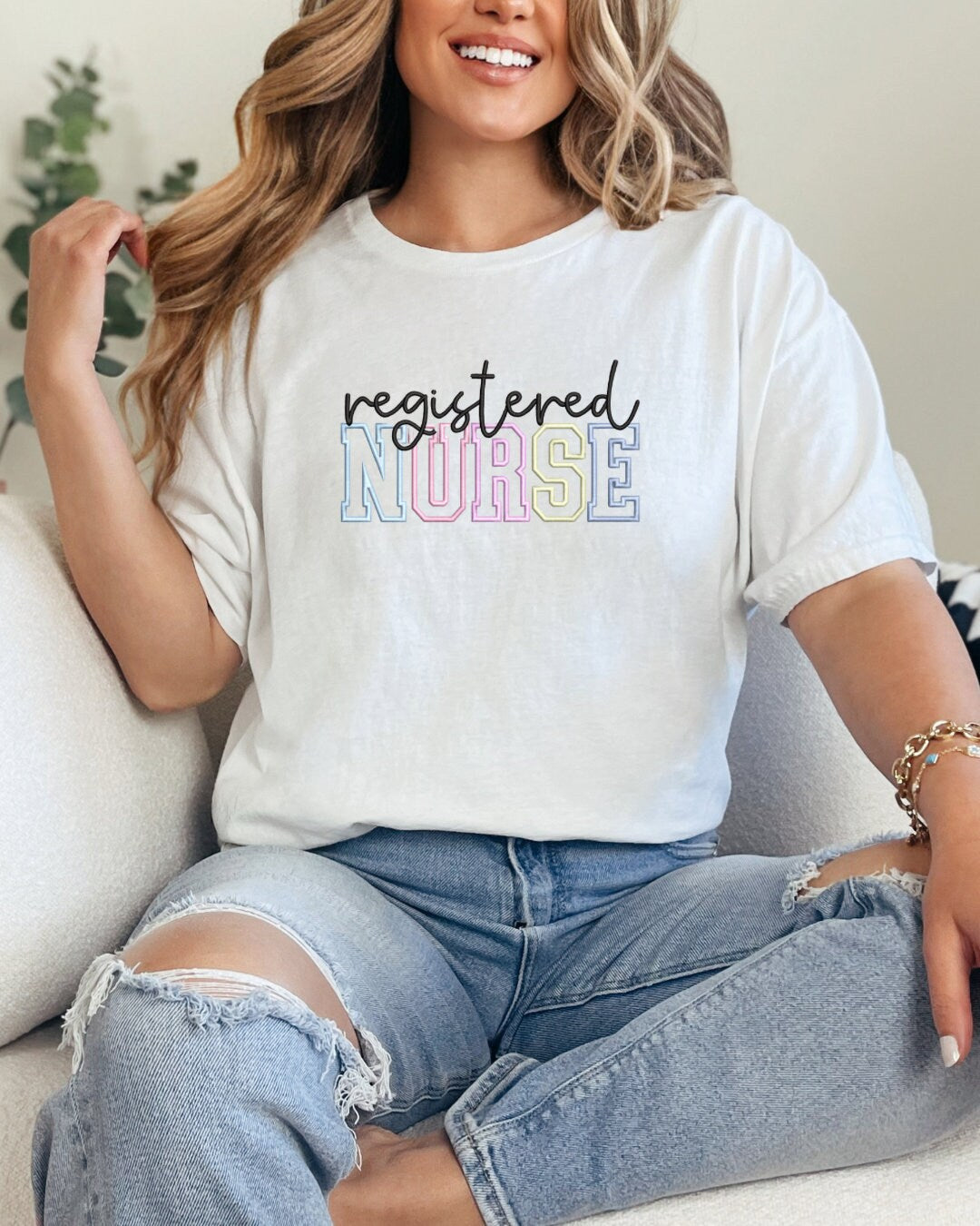 Pastel “Registered Nurse” Embroidered Crewneck Sweater