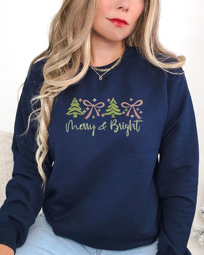 Merry & Bright Embroidered Crewneck & Hoodie – Minimal Christmas Holiday Sweatshirt