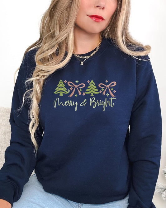 Merry & Bright Embroidered Crewneck & Hoodie – Minimal Christmas Holiday Sweatshirt