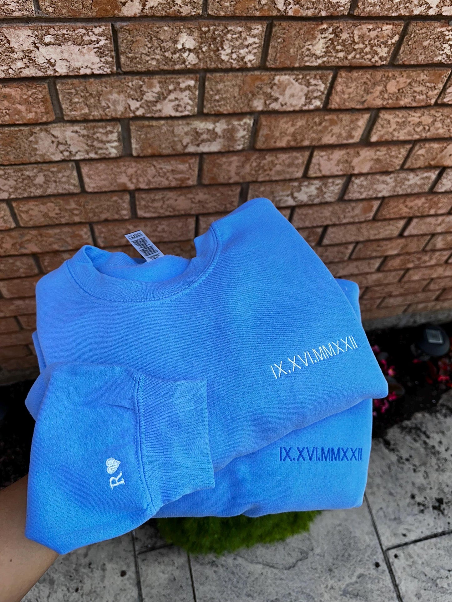 Custom Roman Numeral Embroidered Sweatshirt – Left Chest & Sleeve Personalization