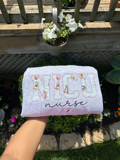 Personalized NICU Nurse Embroidered Sweatshirt | Custom Pooh-Inspired Varsity Crewneck | Nurse Appreciation Gift