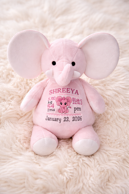 Personalized Elephant Plush Baby Gift – Custom Name, Birth Stats Embroidered Keepsake (Pink Stuffed Animal)