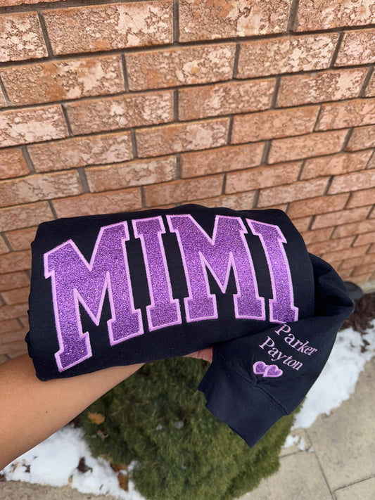 Custom Glitter MIMI Sweatshirt & Hoodie – Personalized Glitter Embroidered Crewneck (Grandma Gift, EST Year Option)