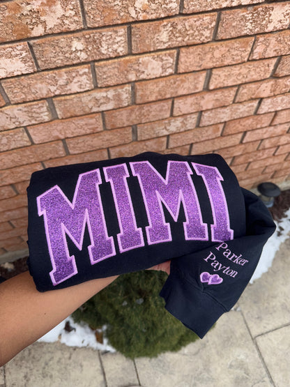 Custom Glitter MIMI Sweatshirt & Hoodie – Personalized Glitter Embroidered Crewneck (Grandma Gift, EST Year Option)