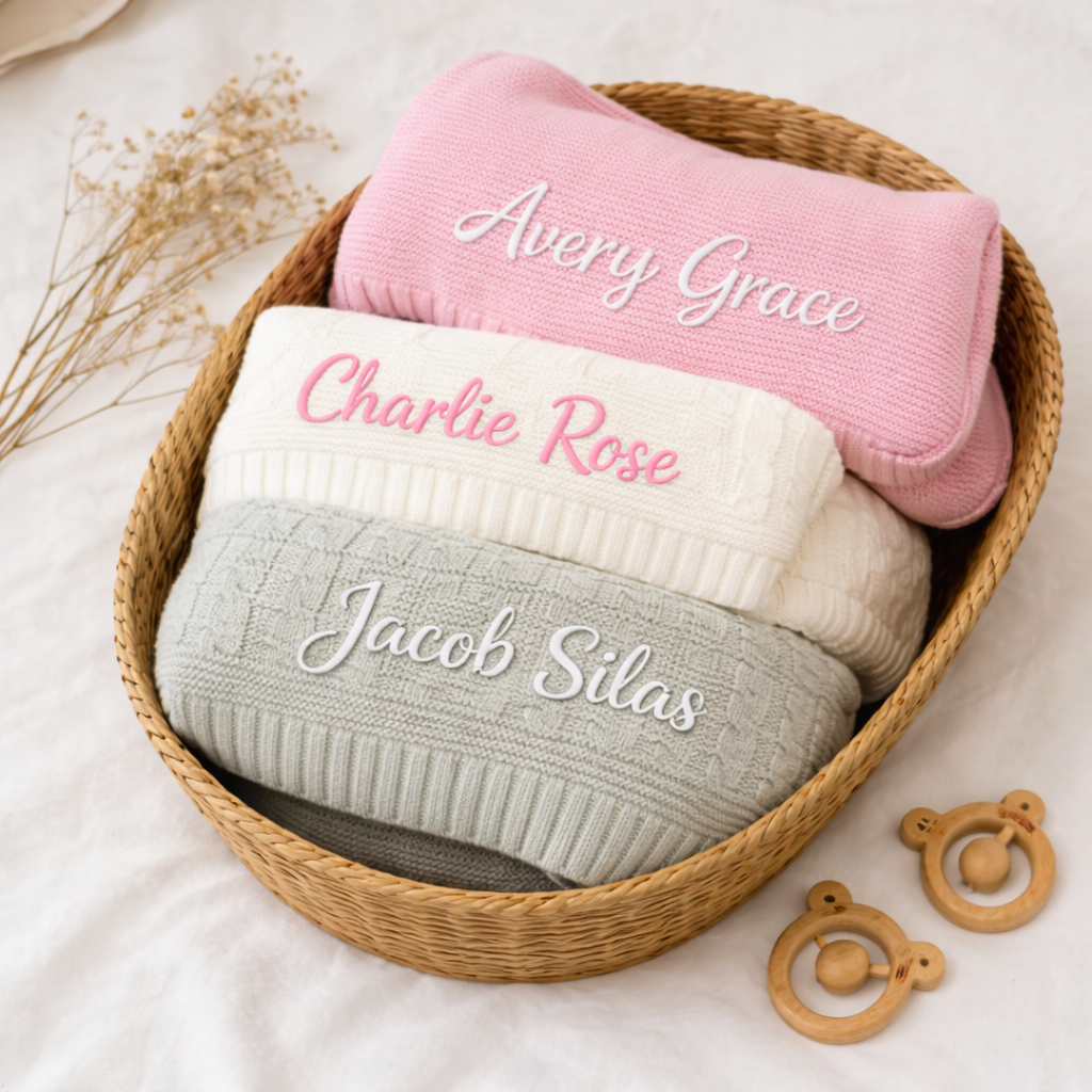 Personalized Baby Blanket – Custom Name Knitted Blanket, Newborn Gift, Baby Shower Gift, Soft Keepsake Blanket