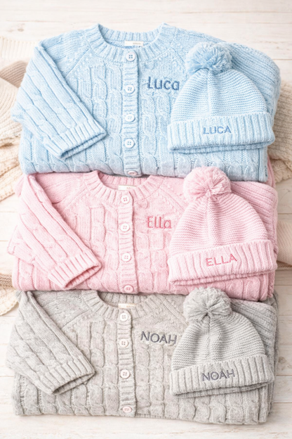 Personalized Baby Cardigan & Hat Set – Custom Embroidered Name, 100% Cotton Newborn Outfit (0–6 Months)